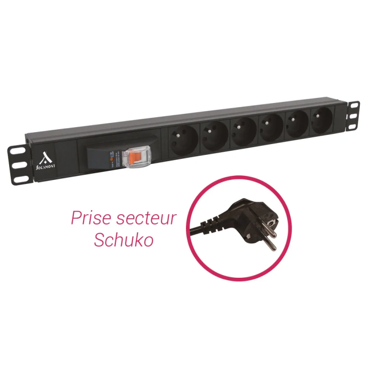 Bandeau PDU 19'' 1U, 6 prises FR avec disjoncteur 16A et différentiel 30mA